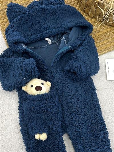 Ayıcık Aksesuarlı Kapşonlu Erkek Bebek Peluş Tulum (3-6/6-9/9-12 Ay)