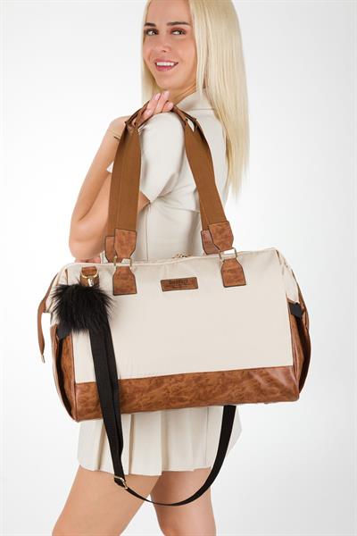 Bondit Suni Deri Kumaş Biberon Termoslu Omuz Askılı Valiz Model Bebek Bakım Çantası