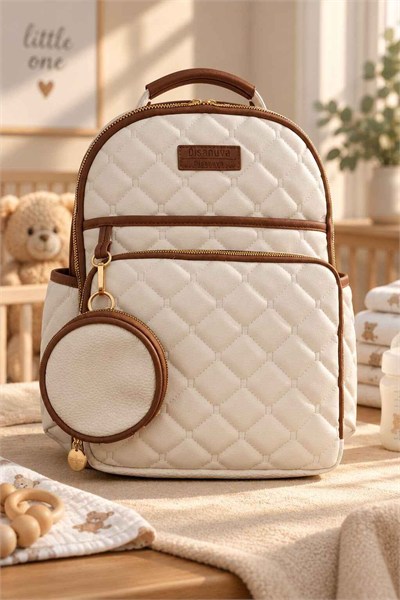 Kapitone Anne Bebek Bakım Sırt Çantası – Alt Açma Matı ve Mini Cüzdan Hediyeli (40×32×16 cm)