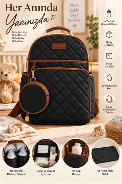Kapitone Anne Bebek Bakım Sırt Çantası – Alt Açma Matı ve Mini Cüzdan Hediyeli (40×32×16 cm)