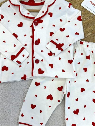 Kalp Baskılı Önden Düğmeli Kız Bebek Pijama Takımı (6-9/9-12/12-18/18-24 Ay)