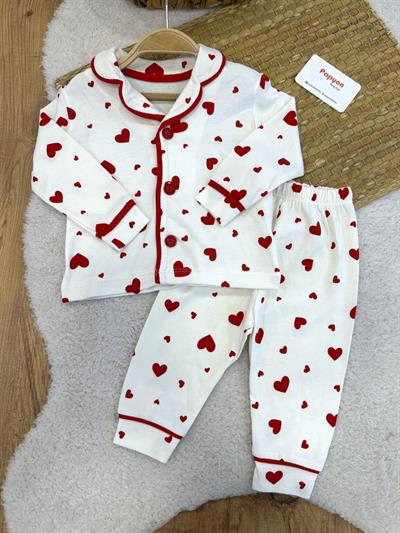 Kalp Baskılı Önden Düğmeli Kız Bebek Pijama Takımı (6-9/9-12/12-18/18-24 Ay)