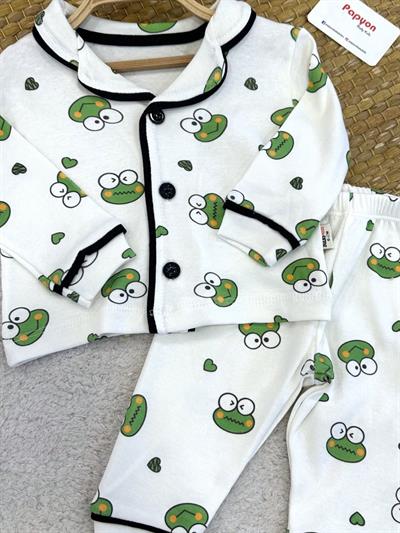 Kurbağa Baskılı Önden Düğmeli Bebek Pijama Takımı (6-9/9-12/12-18/18-24 Ay)