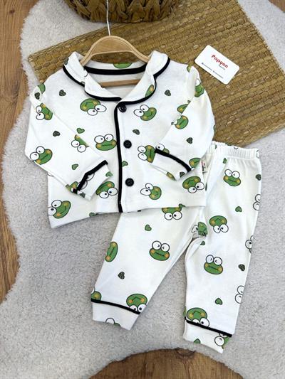 Kurbağa Baskılı Önden Düğmeli Bebek Pijama Takımı (6-9/9-12/12-18/18-24 Ay)