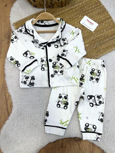 Panda Baskılı Önden Düğmeli Bebek Pijama Takımı (6-9/9-12/12-18/18-24 Ay)