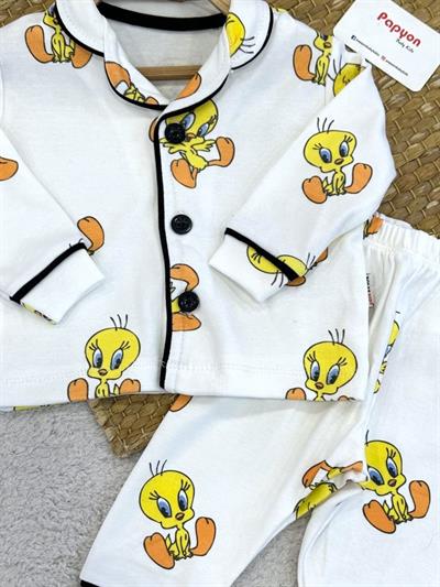 Tweety Baskılı Önden Düğmeli Bebek Pijama Takımı (6-9/9-12/12-18/18-24 Ay)