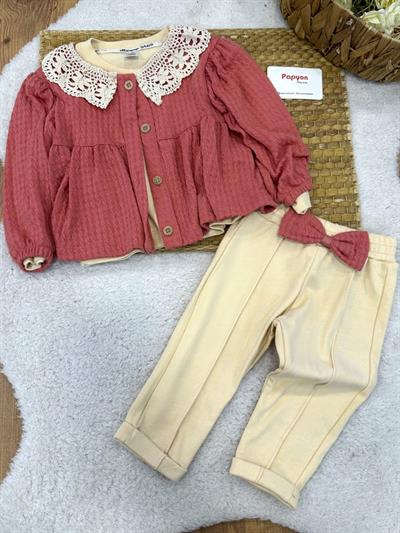 Saç Örgülü Yakası Dantelli Hırkalı Kız Bebek 3lü Takım (6-9/9-12/12-18/18-24 Ay)