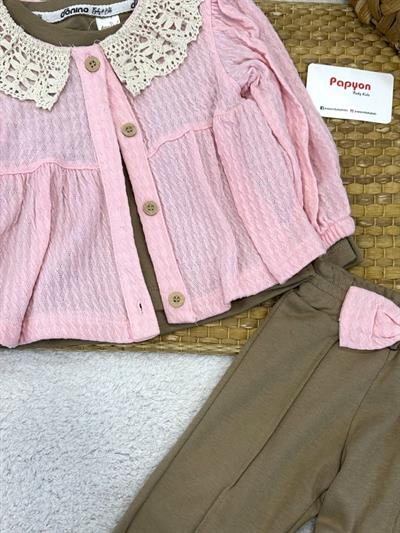 Saç Örgülü Yakası Dantelli Hırkalı Kız Bebek 3lü Takım (6-9/9-12/12-18/18-24 Ay)