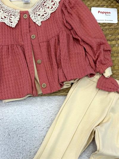 Saç Örgülü Yakası Dantelli Hırkalı Kız Bebek 3lü Takım (6-9/9-12/12-18/18-24 Ay)