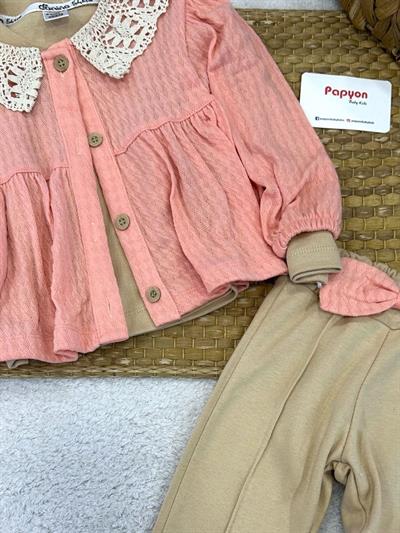 Saç Örgülü Yakası Dantelli Hırkalı Kız Bebek 3lü Takım (6-9/9-12/12-18/18-24 Ay)