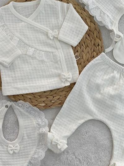 Pretty Girl Güpürlü Fiyonklu Yenidoğan Kız Bebek 5li Zıbın Set