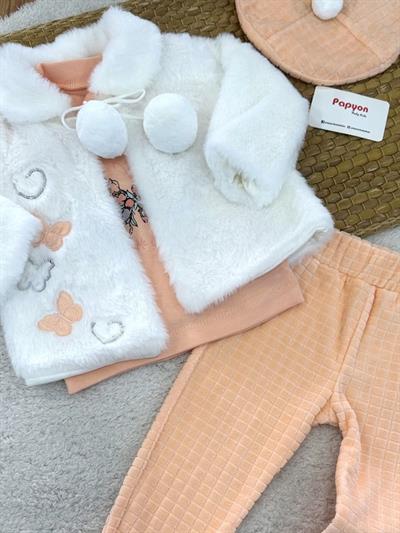 Kelebek Nakışlı Peluş Ceketli Şapkalı Kız Bebek Takım (1-2-3 Yaş)