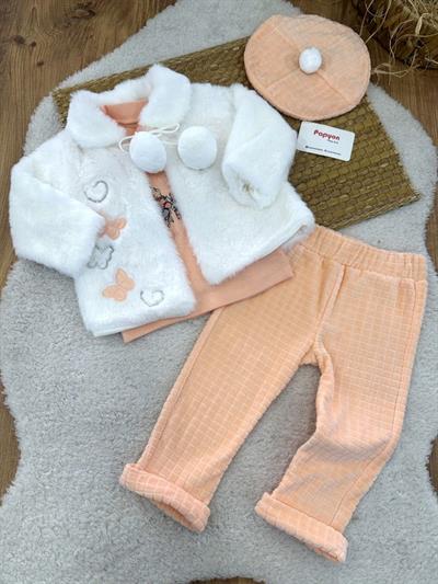 Kelebek Nakışlı Peluş Ceketli Şapkalı Kız Bebek Takım (1-2-3 Yaş)