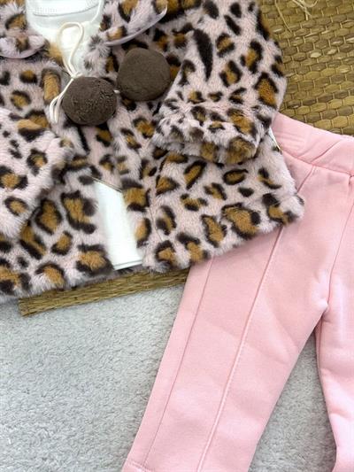 Leopar Desenli Tüylü Peluş Pançolu Kız Bebek 3lü Takım (6-9/9-12/12-18/18-24 Ay)