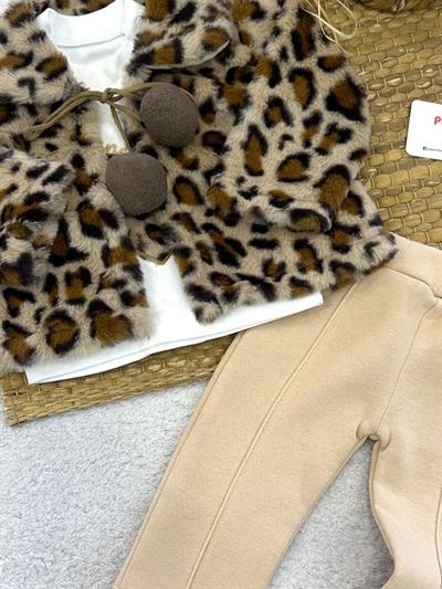 Leopar Desenli Tüylü Peluş Pançolu Kız Bebek 3lü Takım (6-9/9-12/12-18/18-24 Ay)