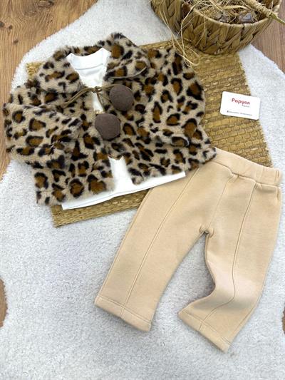 Leopar Desenli Tüylü Peluş Pançolu Kız Bebek 3lü Takım (6-9/9-12/12-18/18-24 Ay)