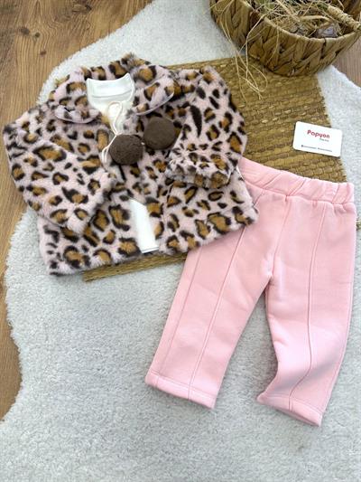 Leopar Desenli Tüylü Peluş Pançolu Kız Bebek 3lü Takım (6-9/9-12/12-18/18-24 Ay)