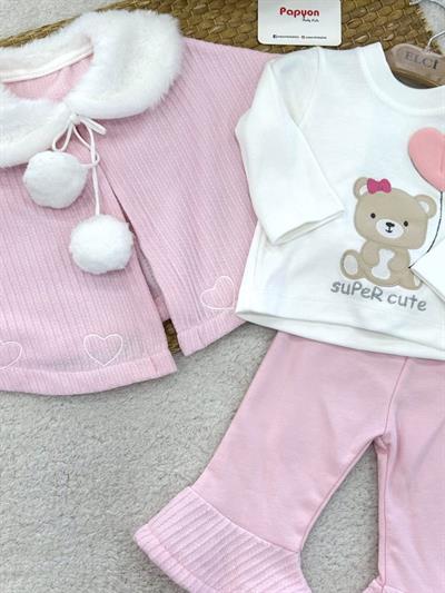 Pelerinli İspanyol Paça Pantolonlu Kız Bebek 3lü Takım (0-3/3-6/6-9/9-12 Ay)