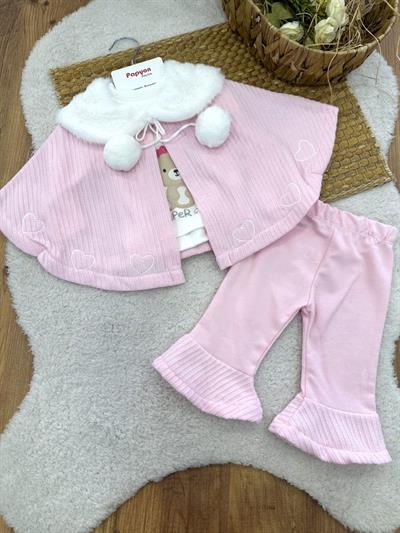 Pelerinli İspanyol Paça Pantolonlu Kız Bebek 3lü Takım (0-3/3-6/6-9/9-12 Ay)