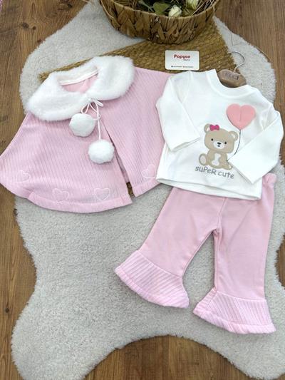 Pelerinli İspanyol Paça Pantolonlu Kız Bebek 3lü Takım (0-3/3-6/6-9/9-12 Ay)