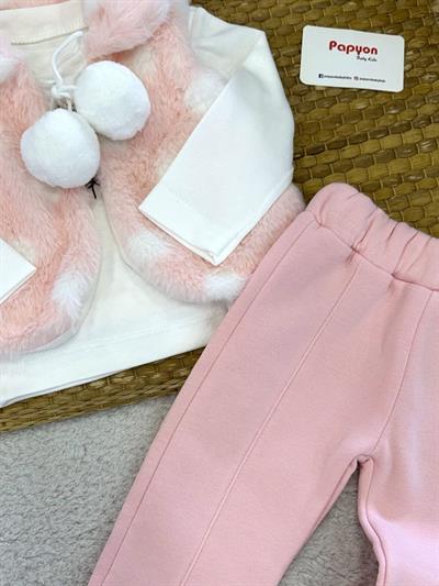 Puanlı Tüylü Yelekli Kız Bebek 3lü Takım (6-9/9-12/12-18/18-24 Ay)