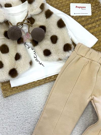 Puanlı Tüylü Yelekli Kız Bebek 3lü Takım (6-9/9-12/12-18/18-24 Ay)