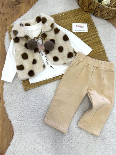 Puanlı Tüylü Yelekli Kız Bebek 3lü Takım (6-9/9-12/12-18/18-24 Ay)