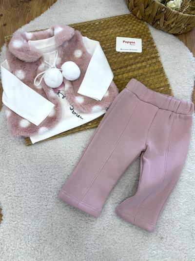 Puanlı Tüylü Yelekli Kız Bebek 3lü Takım (6-9/9-12/12-18/18-24 Ay)