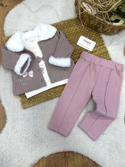 Tavşan Nakışlı Badili Fiyonklu Ceketli Kız Bebek 3lü Takım (3-6/6-9/9-12/12-18 Ay)