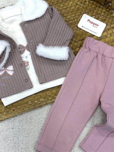 Tavşan Nakışlı Badili Fiyonklu Ceketli Kız Bebek 3lü Takım (3-6/6-9/9-12/12-18 Ay)