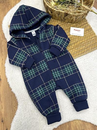 Kareli Kapşonlu Fermuarlı Erkek Bebek 3ip Şardonlu Tulum (0-3/3-6/6-9/9-12 Ay)