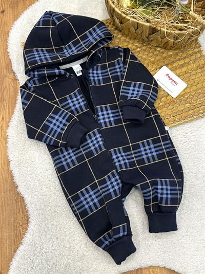 Kareli Kapşonlu Fermuarlı Erkek Bebek 3ip Şardonlu Tulum (0-3/3-6/6-9/9-12 Ay)