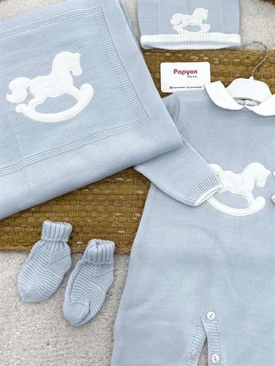 At Aplikli Yenidoğan Bebek Tulumlu Battaniyeli 4lü Triko Set 0-3 Ay