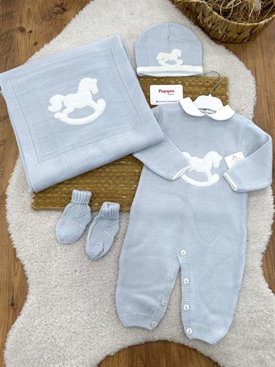 At Aplikli Yenidoğan Bebek Tulumlu Battaniyeli 4lü Triko Set 0-3 Ay