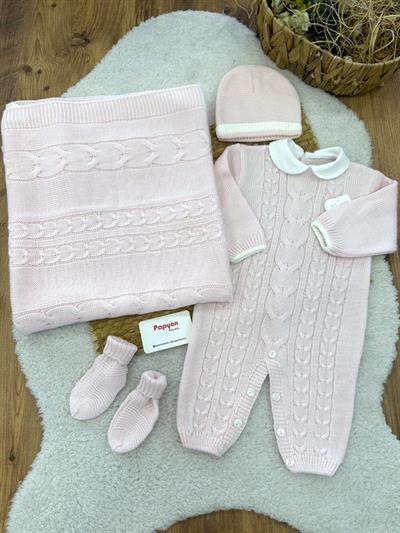 Saç Örgülü Triko Tulumlu Battaniyeli Bebek 4lü Triko Set 0-3 Ay