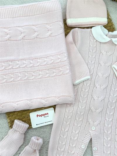 Saç Örgülü Triko Tulumlu Battaniyeli Bebek 4lü Triko Set 0-3 Ay