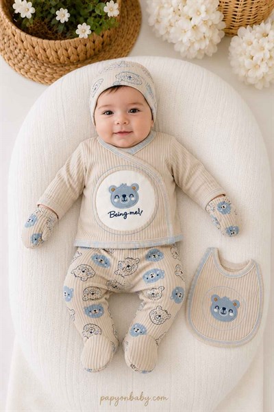 Ayıcık Nakışlı Erkek Bebek 5li Hastane Çıkışı Seti (%100 Pamuk)(0-3 Ay)
