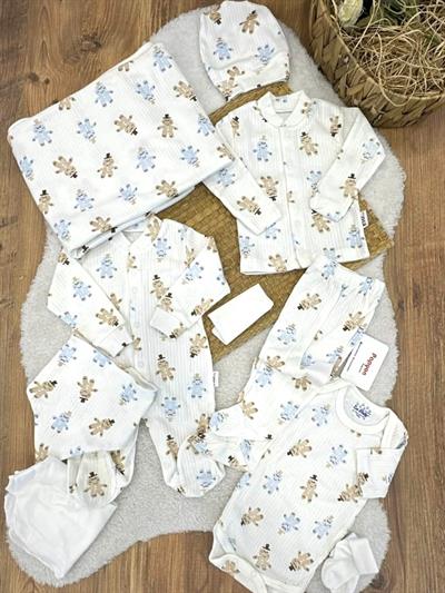 Kurabiye Adam Baskılı Raporlu Tulumlu Erkek Bebek Organik 10lu Zıbın Set Hastane Çıkışı