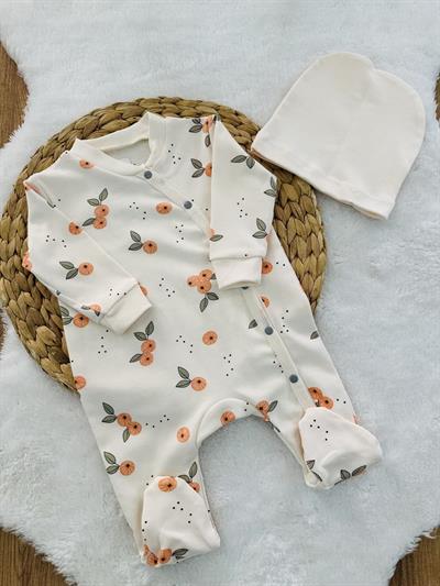 Mandalina Baskılı Uniseks Bebe Patikli Tulum Bere Set 0-3/3-6 Ay