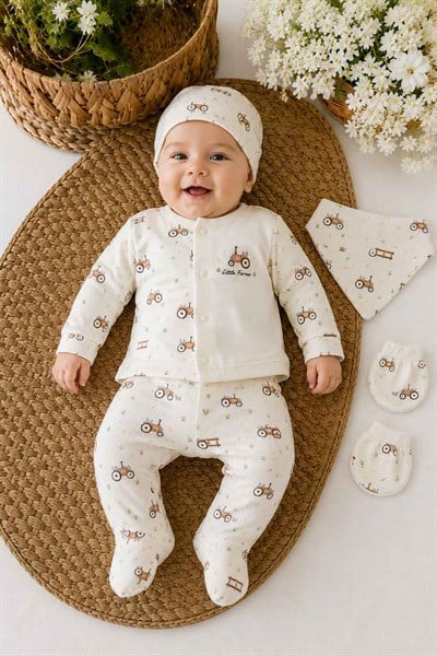 Traktör Desenli Erkek Bebek 5li Hastane Çıkışı Seti (%100 Pamuk)(0-3 Ay)
