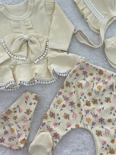 Pıtırcık Fiyonklu Yenidoğan Kız Bebek 5li Zıbın Set Hastane Çıkışı