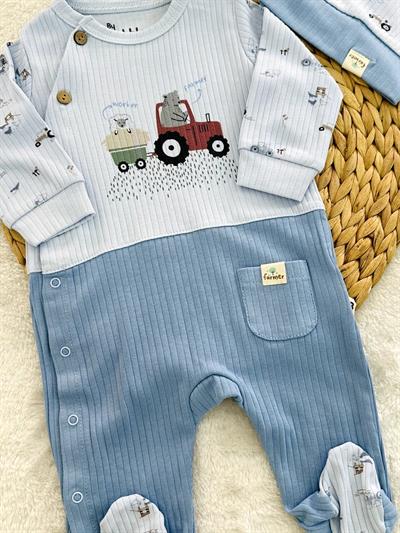 Farmer Traktör Erkek Bebek Organik Patikli Tulum Bere Set 0-3/3-6/6-9 Ay