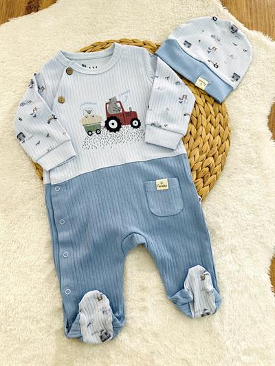 Farmer Traktör Erkek Bebek Organik Patikli Tulum Bere Set 0-3/3-6/6-9 Ay