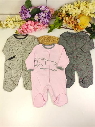Fil Baskılı Kız Bebek 3lü Tulum Set 0-3/3-6/6-9 Ay