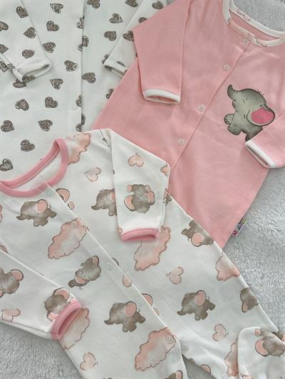 Fil Bulut Kalp Baskılı Kız Bebek Patikli 3lü Tulum Set 0-3/3-6/6-9 Ay