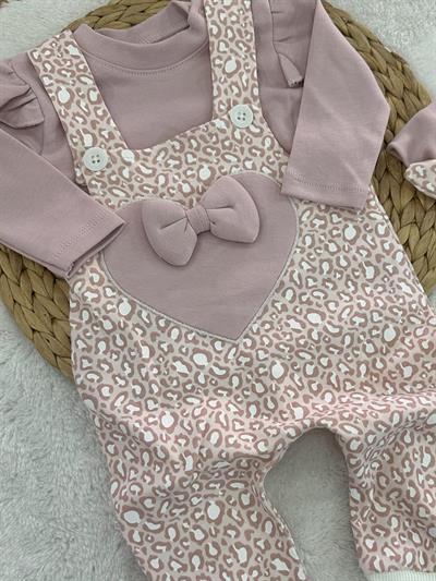 Fırfırlı Badili Bandanalı Kalp Nakışlı Fiyonklu Kız Bebek Salopet 3lü Takım 0-3/3-6/6-9/9-12 Ay
