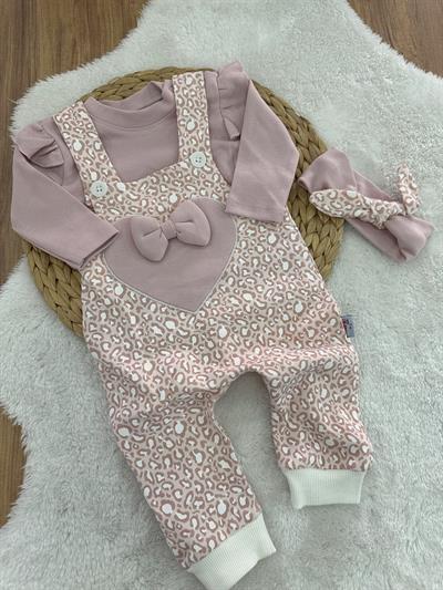 Fırfırlı Badili Bandanalı Kalp Nakışlı Fiyonklu Kız Bebek Salopet 3lü Takım 0-3/3-6/6-9/9-12 Ay