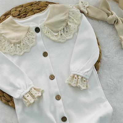 Fistolu Yakalı Saç Bantlı Organik Kız Bebek Tulum Set 0-3/3-6/6-9/9-12 Ay