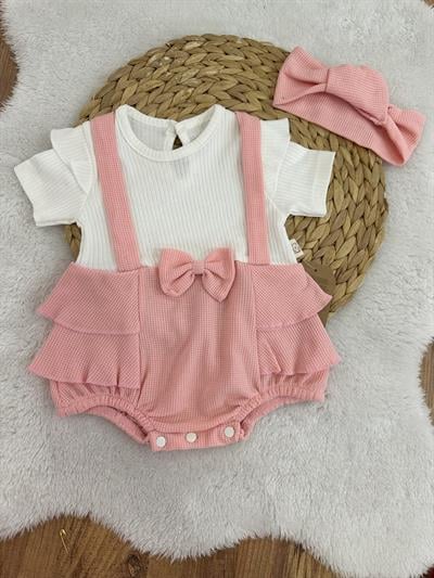 Fiyonklu Fırfırlı Kız Bebek Romper Bandana Set 3-6/6-9/9-12 Ay