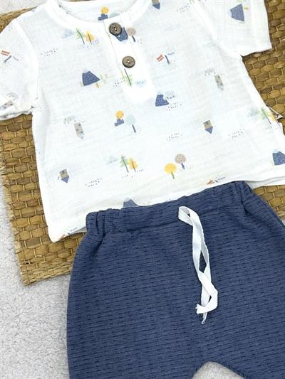 Baskılı Müslin Gömlekli Erkek Bebek Şortlu Takım (6-9/9-12/12-18/18-24/24-36 Ay)